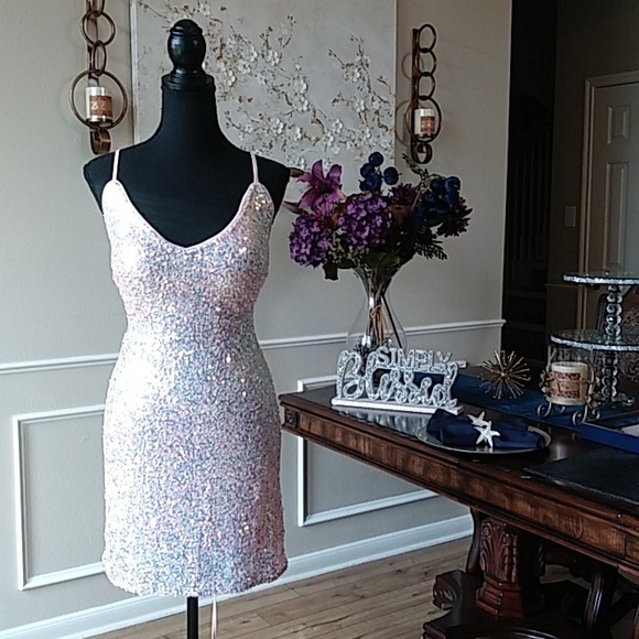 Eilly Bazar Embellished Light Pink Cocktail Mini Dress Size L - Picture 6 of 17